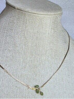 Vintage Carl-Art 14K Gold Filled Integrated Green Jade Marquise & Pearl Leaf Spr